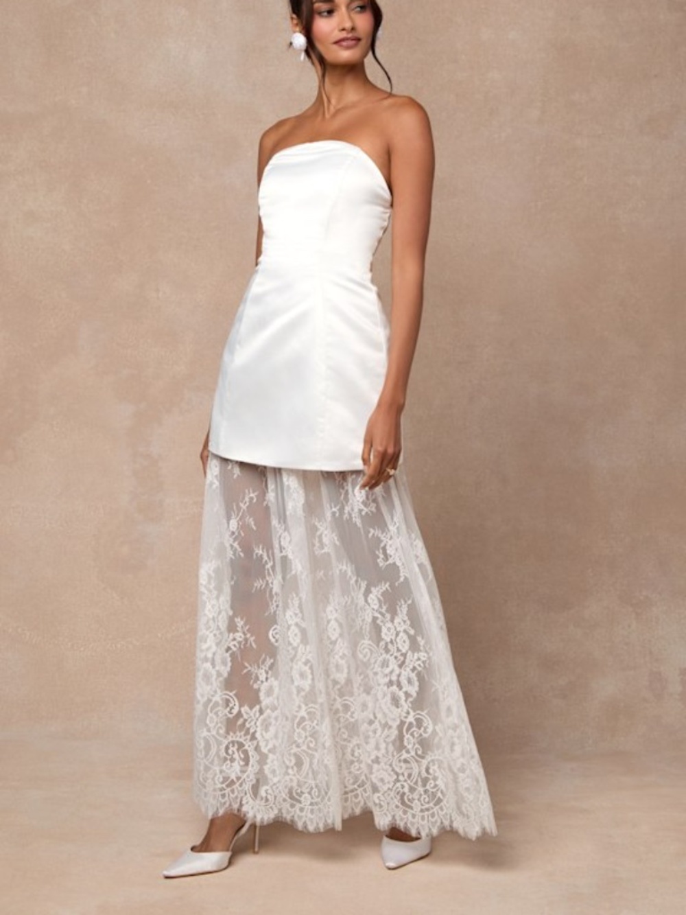 Lulus White Satin Lace Strapless Maxi Dress